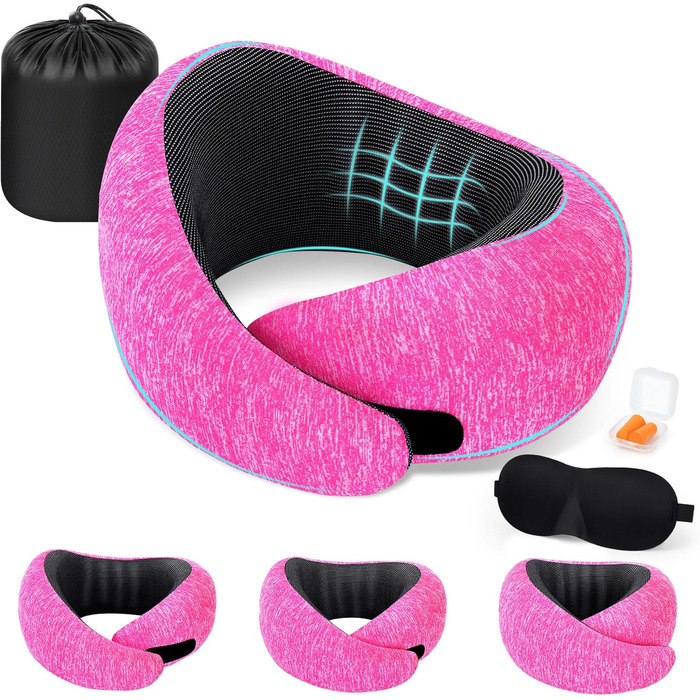 Подушка для шиї в літак | Подушка для подорожей Memory Foam | Подушка-восьминіжка дихаюча + пральна | Подушка для шиї в літак, авто, офіс | Регульована, компактна | з берушами, маскою для сну, сумкою для перенесення