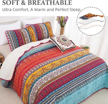 WONGS BEDDING Quilt Set 220x240 Bedspread Bohemian Throw Blanket Stepped Quilt 3-Piece Double Bed Quilted Bedspread Microfiber Living Room Blanket with 2 Pillowcases 50x70 for Bedroom as Sofa Throw (Bohemian)