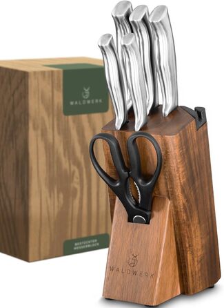 Waldwerk 7-Piece Knife Set with Block & Sharpener - Acacia Wood Knife Block Set - Premium Kitchen Knife Set