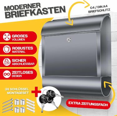 Поштовий ящик настінний KESSER XXL нержавіюча сталь, з газетницею, замок (3 ключі), антрацит