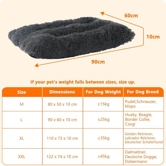 Dog Bed, Fluffy Dog Mats, Longer Plush Dog Cushion, Washable, Non-Slip Bottom, 110 cm for Medium and Large Dogs, (L 90 x W 60 x H 10 cm, Dark Grey)