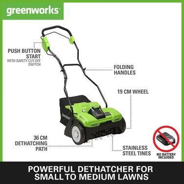 Акумуляторний аератор-скарифікатор Greenworks 40V, 36 см, 3600 об/хв, контейнер 30 л, без акумулятора та зарядного пристрою, 3 роки гарантії G40DT35
