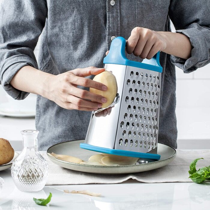Трока для тертя з нержавіючої сталі, кухонна тертка для грубого та дрібного натирання, для фруктів, овочів, моркви, сиру, придатна для миття в посудомийній машині - Світло-блакитна