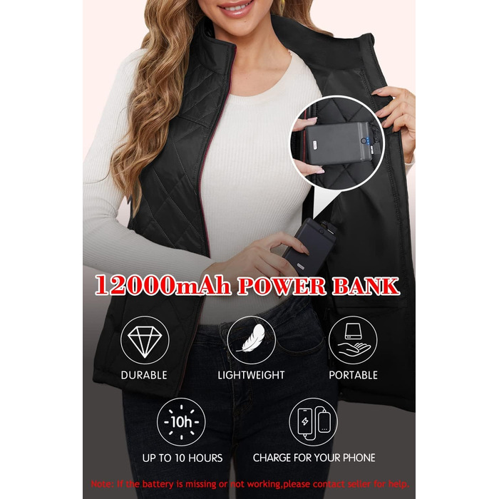 Обогревна жилетка для жінок з акумулятором 12000mAh, 5 зон обігріву, чорний колір