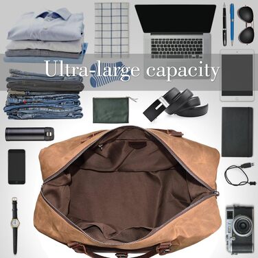 Travel Bag Men's Leather Waterproof Canvas Weekender Bag Large Capacity Travel Bag Unisex Vintage Carry-on Bag