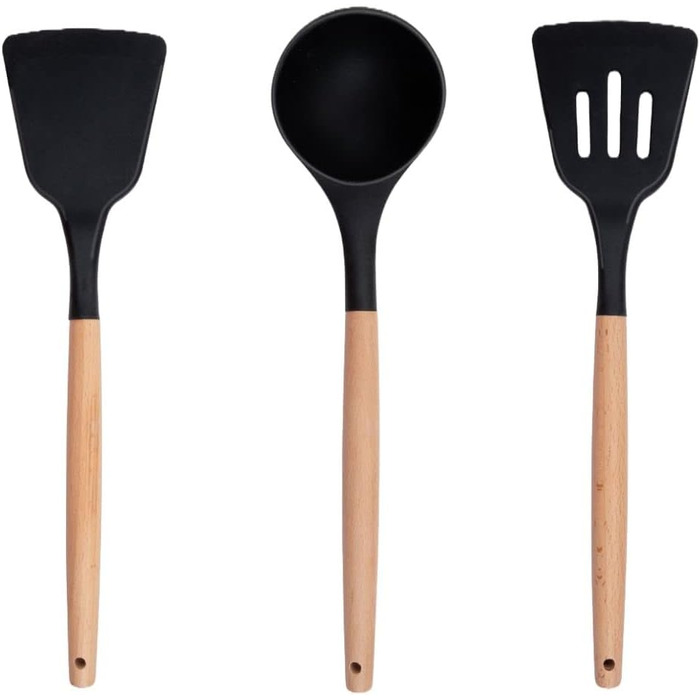 Набір кухонних аксесуарів Alpina 7 предметів з поворотним підставкою – кухонні інструменти, силіконовий набір посуду для приготування їжі (чорний)