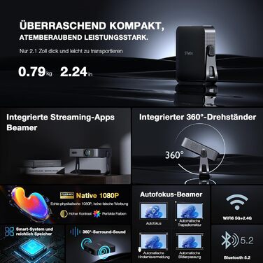 Міні-проектор 4K VOPLLS з автофокусом та корекцією трапецеїдальних спотворень, Full HD 1080P, WiFi6, Bluetooth, для дому та на вулицю, чорний