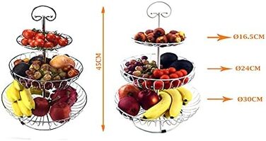 Металевий кошик для фруктів та овочів з ручкою - 3 яруси, великий, з нержавіючої сталі, з циркуляцією повітря (45см, Ø30-24-16.5см), сріблястий