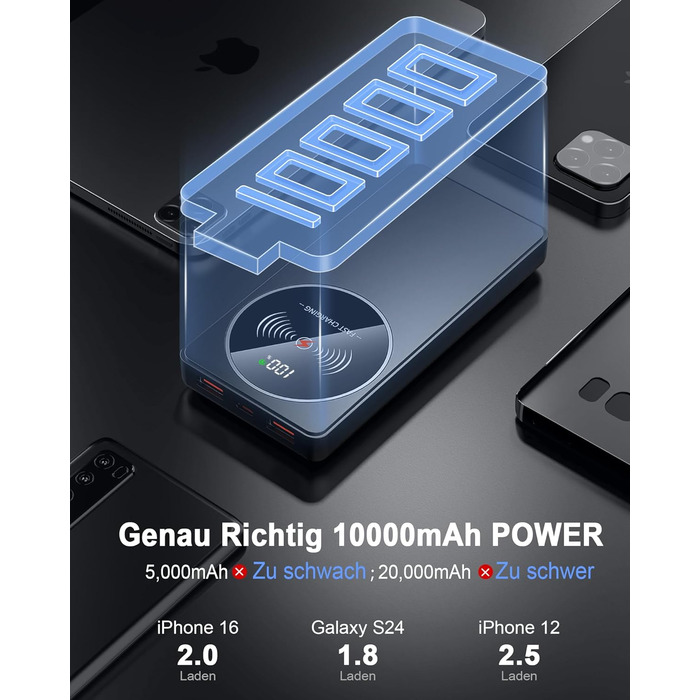 Портативний зарядний пристрій Power Bank Klein 10000mAh з USB-C, 3 порти, сумісний з iPhone 17/16/15/14/13 Pro Max Plus Mini, Android, чорний