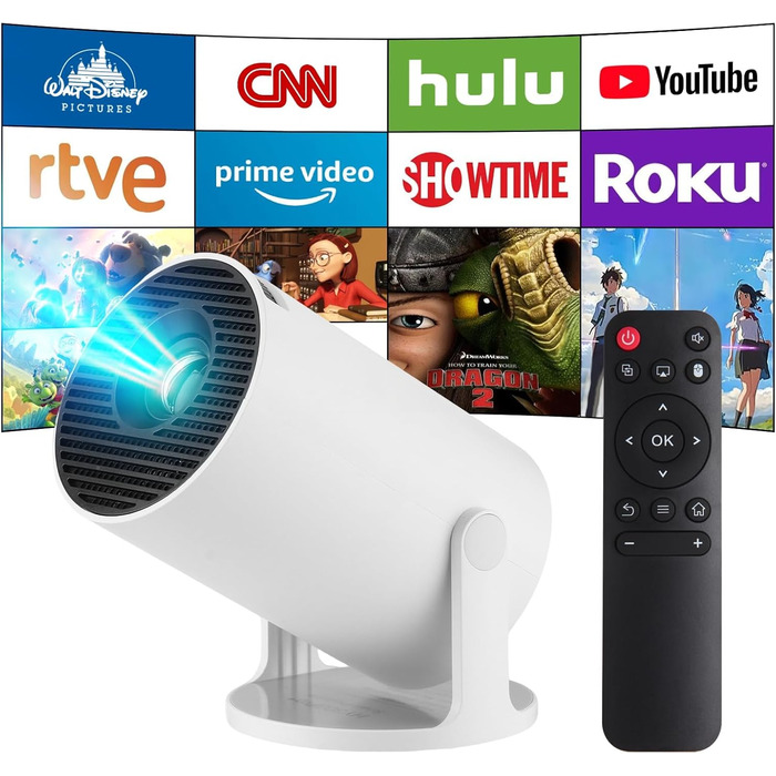 Проектор Mini Beamer 4K Smart Heimkino з Android 11, Wi-Fi 6, Bluetooth 5.4, автотрапецеїдна корекція, 180° поворот, 130-дюймовий екран для Phone/PC/Lap (Білий)