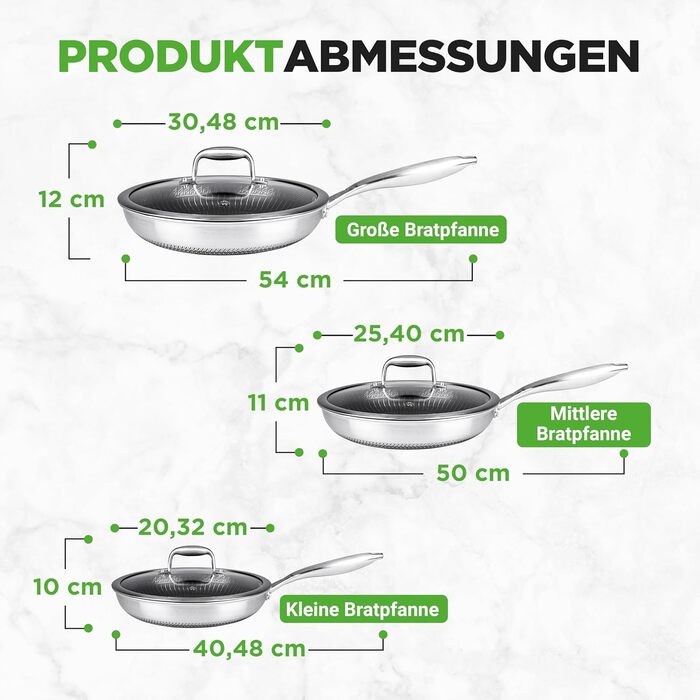 Набір посуду NutriChef з нержавіючої сталі 6 предметів – антипригарні сковорідки 20см, 25см, 30см з кришками. Підходить для індукційних плит, стійкий до подряпин та придатний для духовки, можна мити в посудомийній машині.