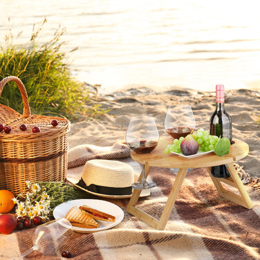 Relaxdays Round Bamboo Picnic/Wine Table
