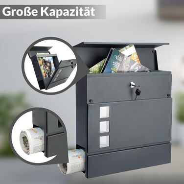 Поштовий ящик Monzana XXL з газетницею та оглядовим вікном, сталевий, антрацит, з ключем (2 ключі), для настінного монтажу