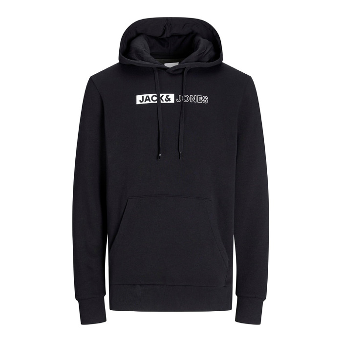 Чоловічий теплий худі з принтом JACK & JONES JJEOGO Basic — чорний, великий розмір (8XL), регулярний крій