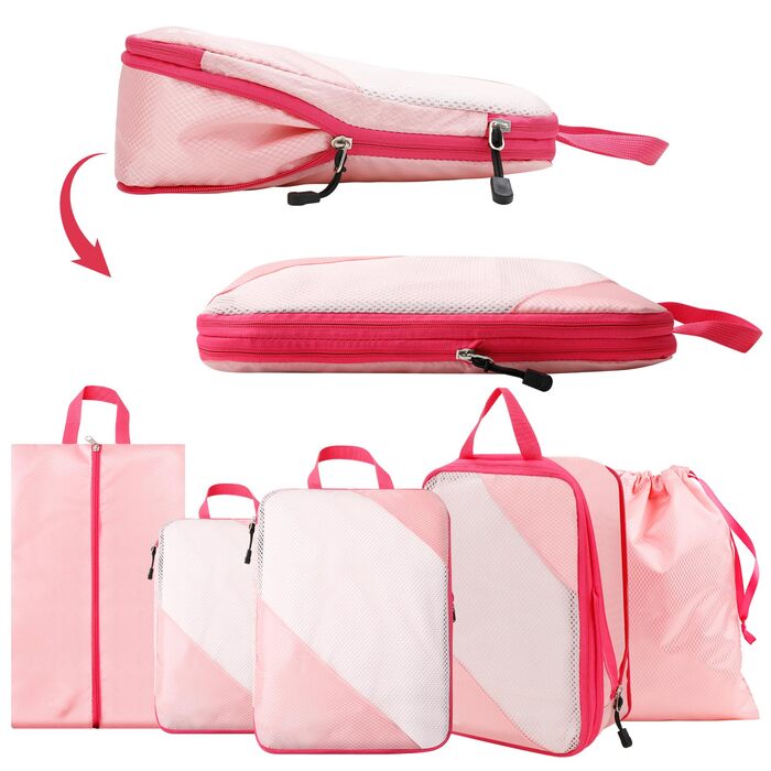 Набір органайзерів для валізи AiQInu: 5 шт. з компресією, мішки для білизни та взуття, рожевий