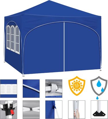 WOLTU Gazebo, Folding Gazebo 3x3 m, with 4 Side Walls, Party Tent Water-Resistant UV Protection 50+, Adjustable Height Garden Gazebo, with Carry Bag, for Outdoor Garden Camping (Blue)