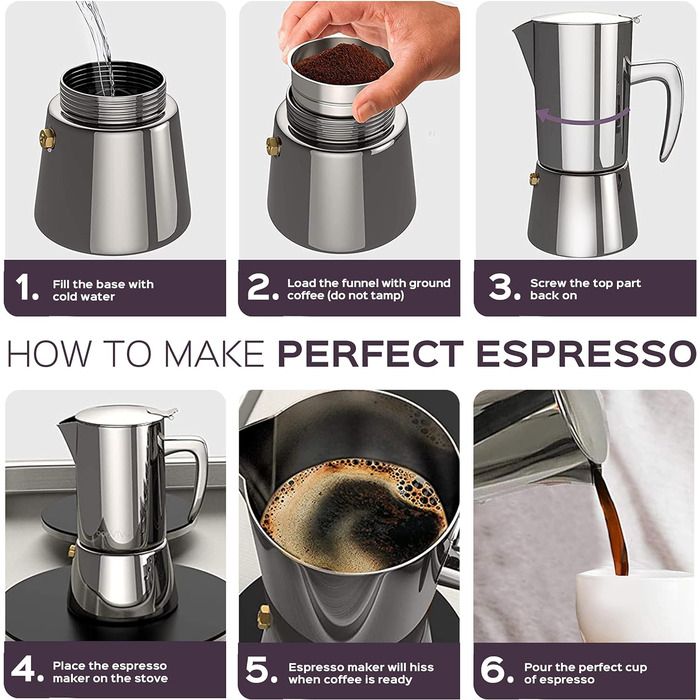 bonVIVO Espresso Maker Induction Compatible - Stainless Steel Coffee Maker in Black Finish w. Water Kettle & Filter - Moka Pot 6 Cups - 300 ml - Christmas Gifts for the Household Black 6 Cups - 300 ml