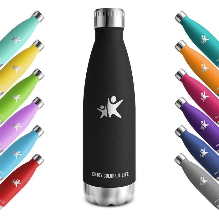 Термос KollyKolla: пляшка для води з нержавіючої сталі 500мл/750мл/1л, не протікає, без BPA, ізоляція, для дітей, спорту, школи, фітнесу, активного відпочинку, кемпінгу, чорний