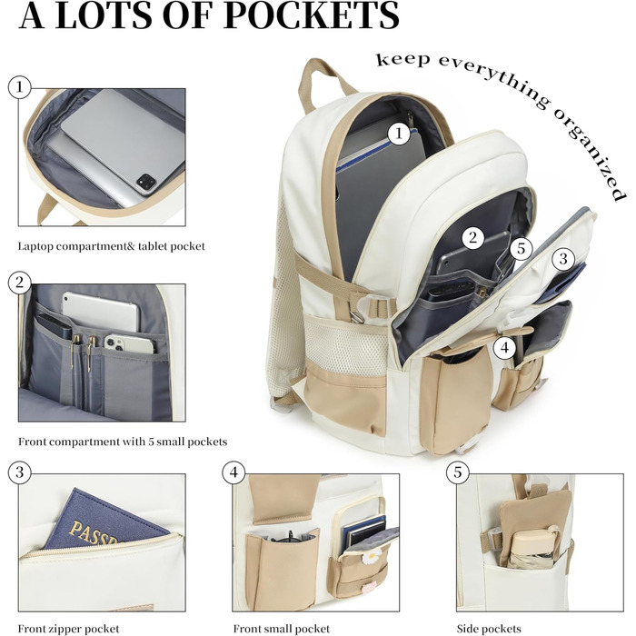 Шкільний рюкзак YAMTION для підлітків, 15.6 дюймів, для ноутбука, для старшої школи, коледжу, милий (Хакі, 15.6 дюймів)