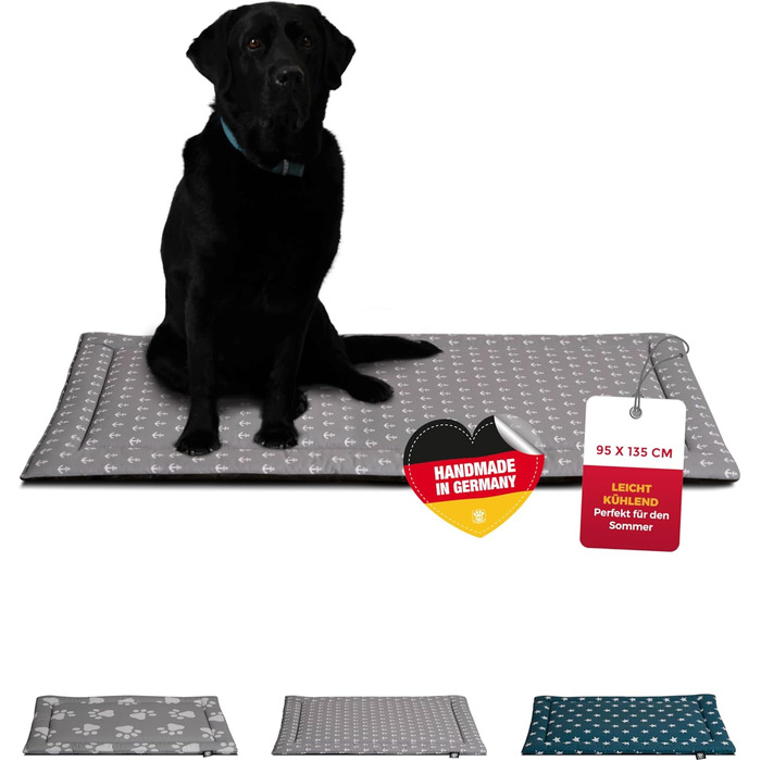 Літня подушка для собак HS-Hundebett® з бавовни з наповнювачем та антиковзким покриттям XS – М'яка подушка для собак на літо – Пральна та довговічна – Легка літня подушка для собак – Виготовлено в Німеччині (Сірий якір, 95x135 см)