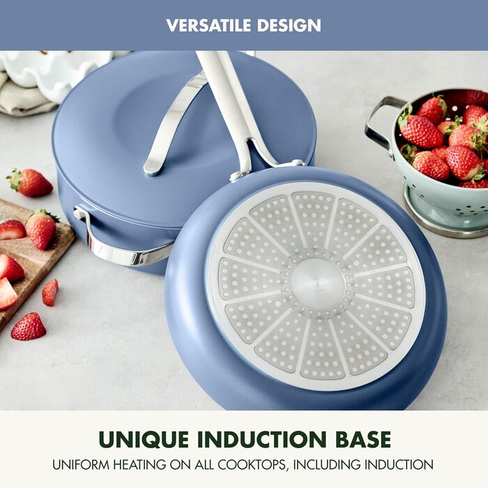 Набір кухонного посуду GreenPan Nova 13 предметів: каструлі, сковороди, кришки, синій. Без PFAS, керамічне антипригарне покриття.