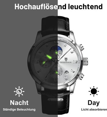 Годинник чоловічий LIGE Retro з шкіряним ремінцем, 3ATM, водостійкий, аналоговий, з датою, місячними фазами (чорний / білий)