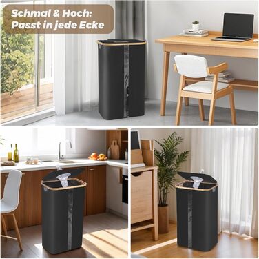 Laundry basket with 2 compartments, deposit bottle collection container with lid, container for deposit bottles & glass recycling & paper waste, deposit bottle container bamboo with bag, must-have (Black - visualization, 100L)