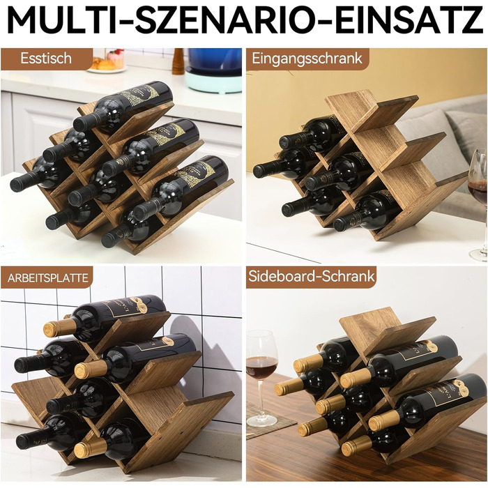 KIRIGEN Wooden 8-Bottle Wine Rack, 3-Tier Wooden Wine Display Rack, Stand and Countertop Wine Storage Rack, Bottle Holder & Glass Shelf for Cabinet. Yellow-Brown