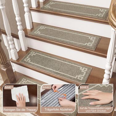 Килимочки на сходи BEQHAUSE, набір з 15 шт., самоклеючі, для дітей, літніх людей та домашніх тварин, 100% поліестер, TPE-підкладка, 22x70 см, бежевий