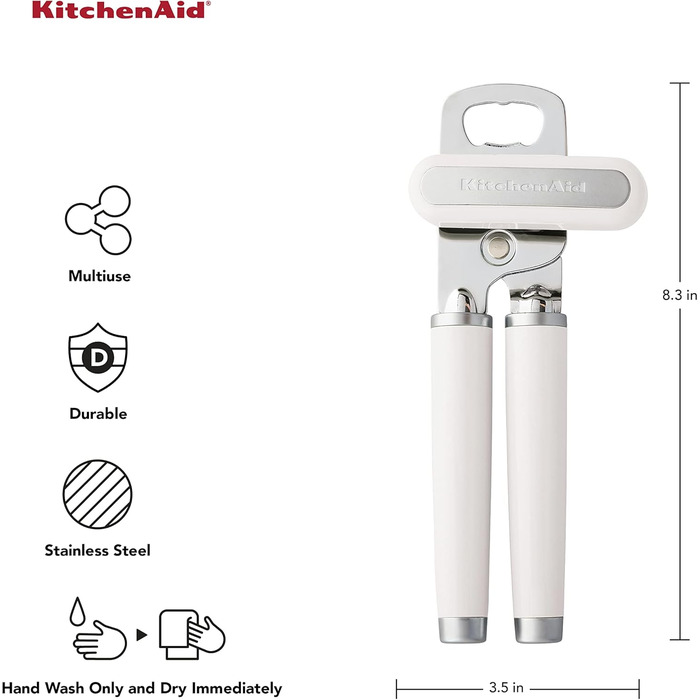 KitchenAid KE199OHWHA Класичний багатофункціональний відкривач банок/пляшок, пластик, нержавіюча сталь, білий
