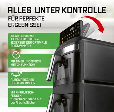 Фритюрниця повітряна Gourmetmaxx AirGenius 9 л (2 x 4,5 л) з 8 програмами | 2 камери для приготування 2 страв одночасно | Сенсорний дисплей | Для 8 осіб