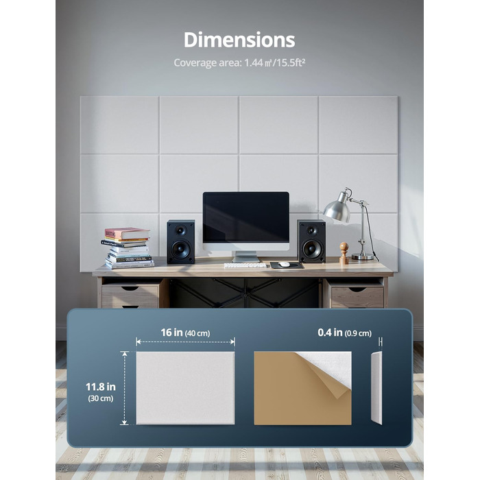 Акустичні панелі для звукоізоляції стін прямокутні, шумопоглищаючі панелі високої щільності з самоклейкою, білі (30x40x0.9 см, 12 шт)