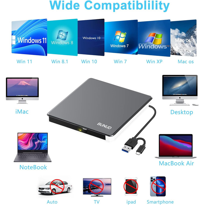 Зовнішній CD/DVD привід BUNUD USB 3.0 та Type-C, портативний DVD-брунер з картридером SD/TF та 2 USB-портами для ноутбука, PC, iMac, Windows та macOS, сіро-білий