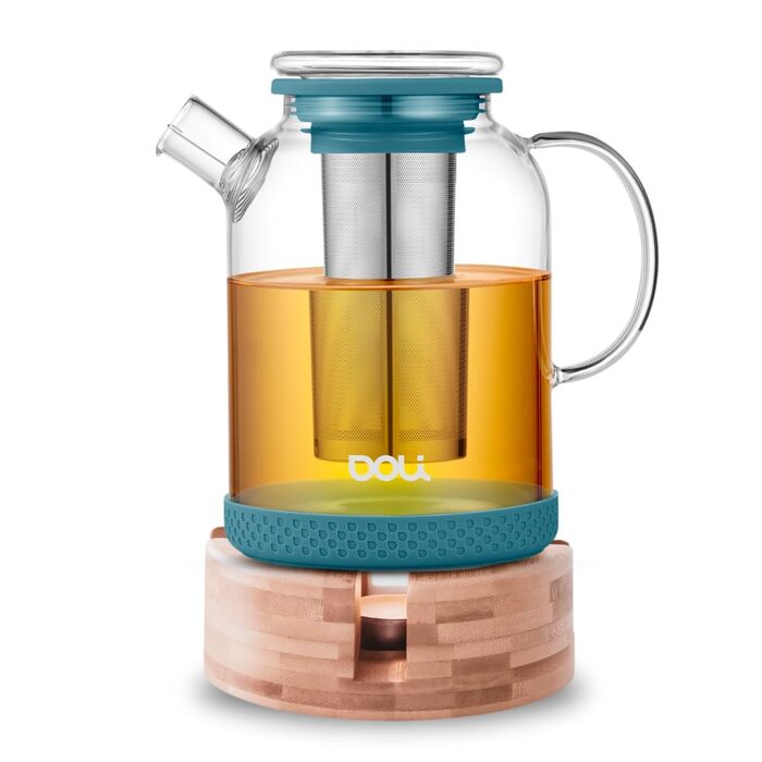 Скляний чайник Doli 1,5 л з ситечком із нержавіючої сталі та підставкою-підігрівачем, колір Teal