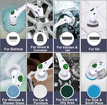 Електрична щітка для чищення з 8 насадок, регулювання швидкості, LED дисплей - для ванної, кухні, авто