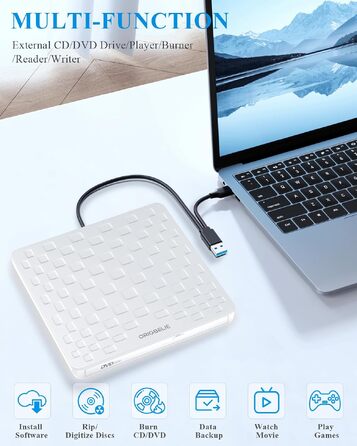 Зовнішній DVD-привід ORIGBELIE: CD/DVD-броннер з 4 USB та 2 TF/SD слотами, ультратонкий оптичний накопичувач для ноутбука, PC, Mac, Windows 11/10/8/7, Linux
