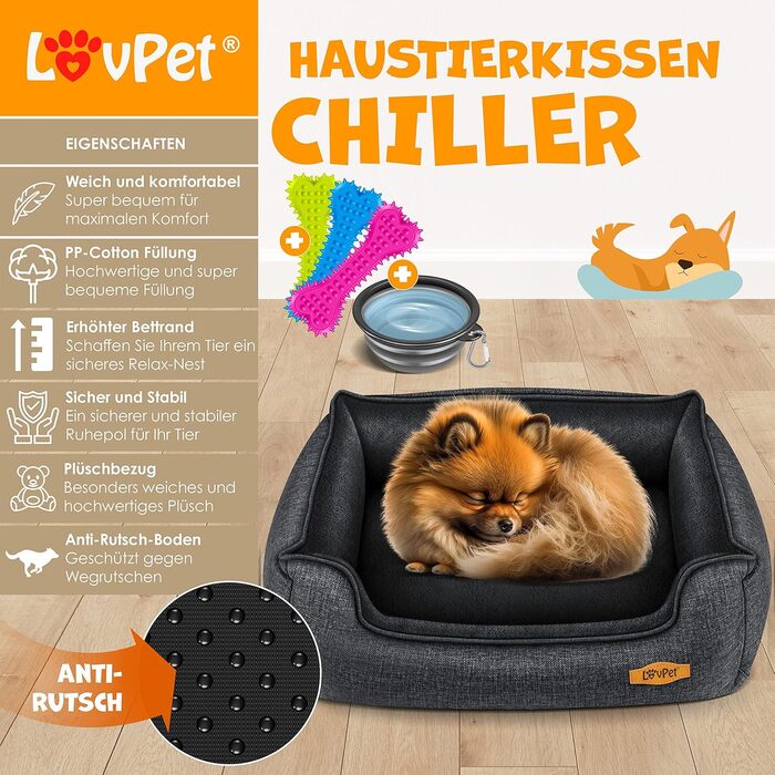 Lovpet® Dog Bed Dog Cushion Dog Basket Chiller, Incl. Bowl + 3X Chew Bones, Dog Sofa Cushion for Small, Medium & Large Dogs, Removable and Washable Cover, L 90 x 75 x 25 cm (L (90 x 75 x 25 cm), Anthracite)