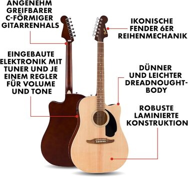 Акустична гітара Fender California Debut Redondo Dreadnought з Cutaway CE, Fichtendecke, чорним пікгардом, Natural, електроакустична гітара CA Natural