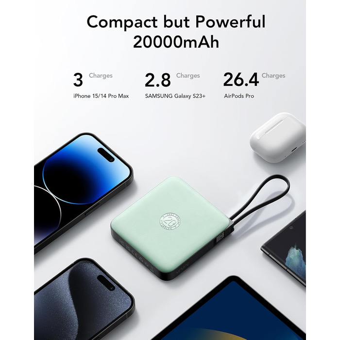 Power Bank VRURC 20000mAh з кабелем USB-C 22.5W QC3.0 Швидка зарядка Зовнішній акумулятор для iPhone, Huawei, Android (Зелений)