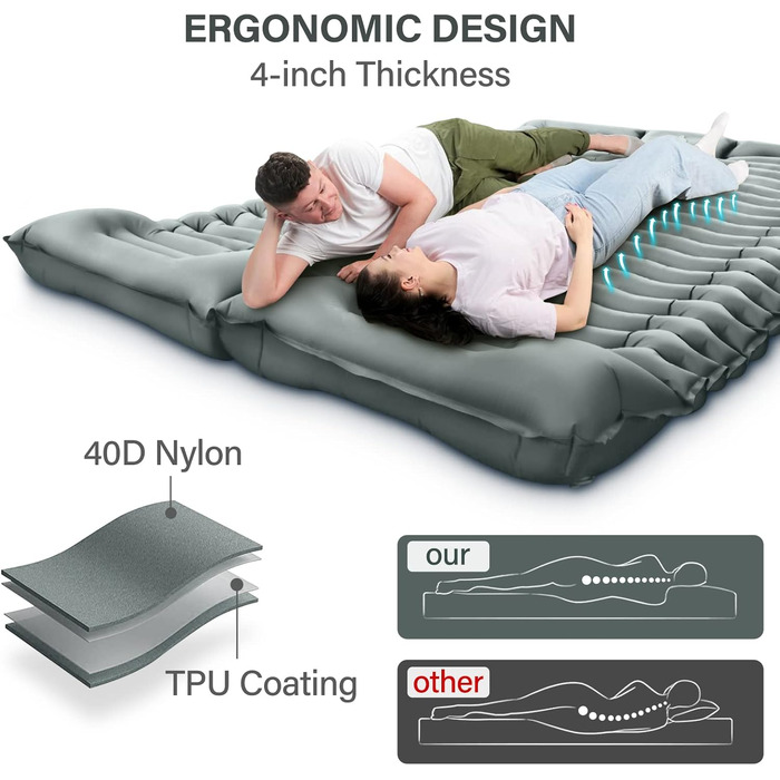 Каремат для кемпінгу Double, самонадувний, з насосом для ніг, ультралегкий, товстий, сірий. Підходить для походів, подорожей, кемпінгу та наметів.