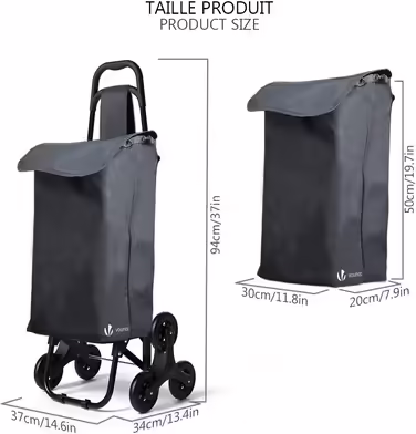 VOUNOT Folding Shopping Trolley with Stair Climber, 3-Wheel Folding Shopping Cart, Shopping Roller Trolley, Removable & Waterproof Black