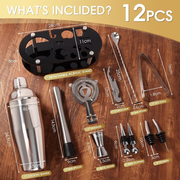 Набір для коктейлів FoiiLiio: 12 предметів, шейкер, аксесуари для бару, нержавіюча сталь