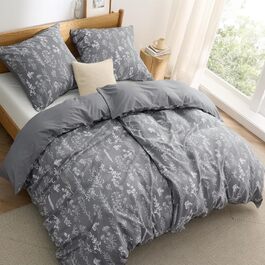 BEDSURE Комплект постільної білизни 135x200 з бавовни (4 частини) - сірий, з квітами, з блискавкою, ÖKO-TEX