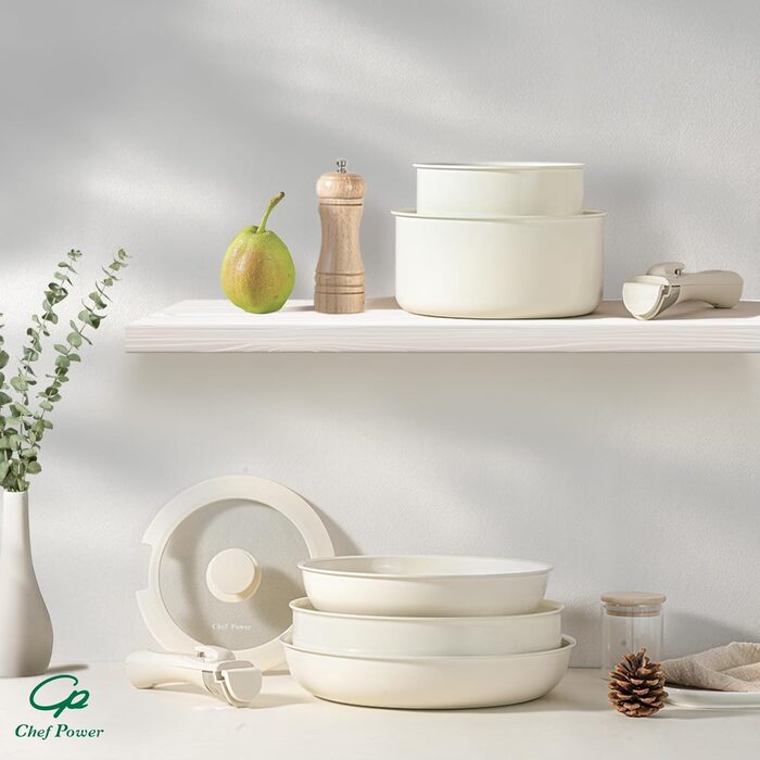 Набір посуду Chef Power Keramik 19-ти частинний, з антипригарним покриттям, знімний ручка, індукція, сумісний з духовкою, для дому та кемпінгу, сірий та білий