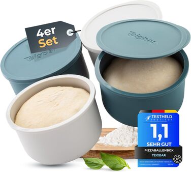 Pizza Ball Box with Lid, Set of 4 - Space-saving dough box made of easy-release silicone - Holds up to 350g of pizza dough - Proofing box, pizza accessory, pizza box - Black/Gray - Ø13cm (4 pieces blue+white)