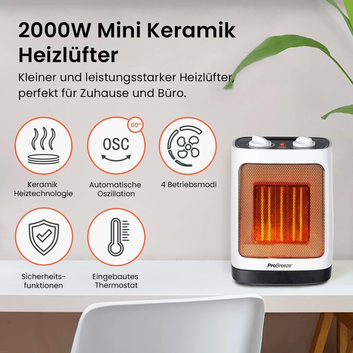 Про Breeze 2000W керамічний міні-нагрівач з автоматичною осциляцією, 2 режими, тихий, для вітальні, офісу, тераси - білий