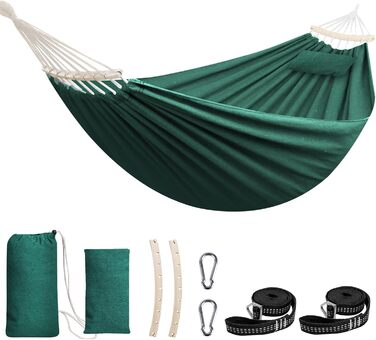 Chihee Hammock - Cotton, Large, Soft, Breathable Camping Hammock - Holds up to 300kg - Portable Tree Hammock with Detachable Spreader Bar, Head Pillow, 2 Strong Straps, 2 Carabiner Hooks (Dark Green)