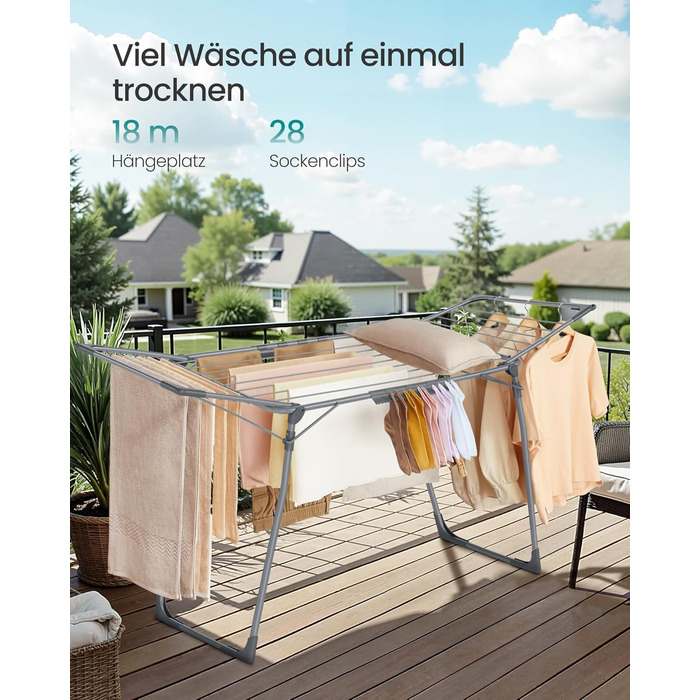 SONGMICS Сушарка для білизни на підставці, сіра, 52.5 x 173 x 96.5 см, з тримачем для шкарпеток, для одягу, рушників, металева