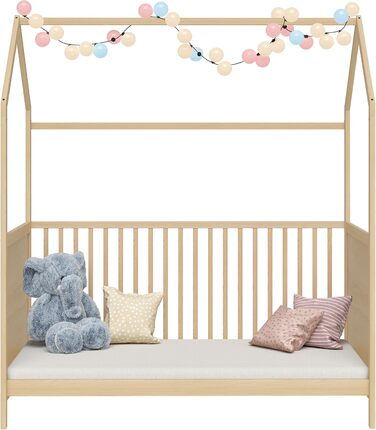 Bellabino Nika Babybett in House Design 70 x 140 cm, cot and house bed for children and babies made of solid pine wood in natural finish, 3-fold height adjustable including slatted base.