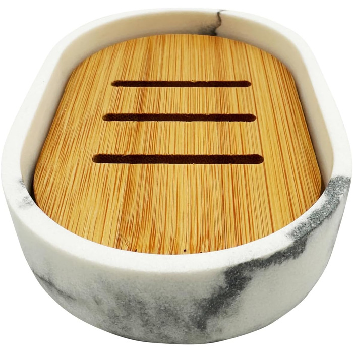 Миска для мила Marmor з бамбуковою підставкою – штучний камінь, 12,5 x 8 x 2,5 см